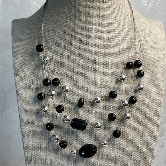 Black and Silver Beaded Invisible Floating Layered Bib Necklace - Picture 1 of 5